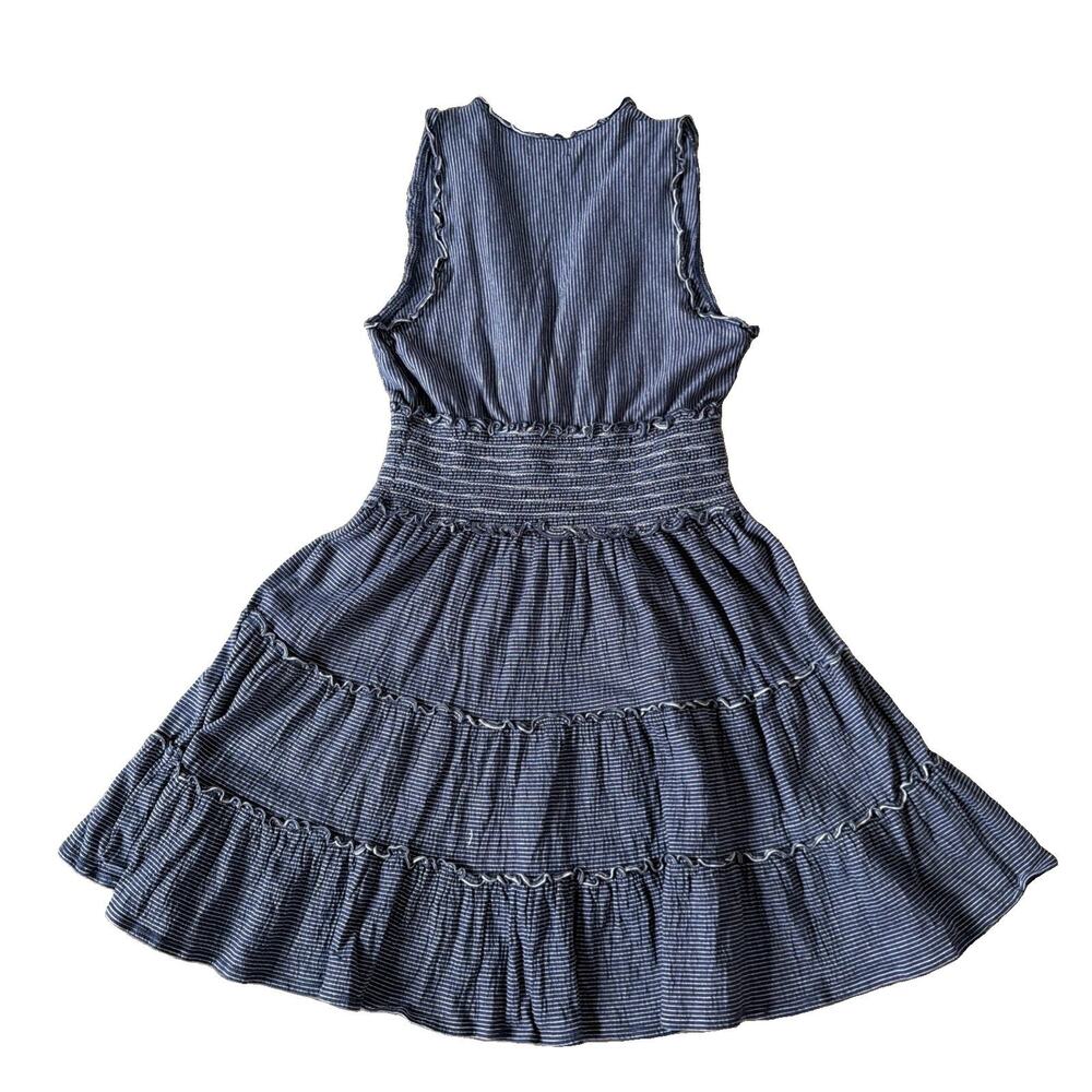 Max Studio Sz M Navy Pinstripe Tiered Dress Smocked Waist Boho Romantic Ruffle - Picture 3 of 10